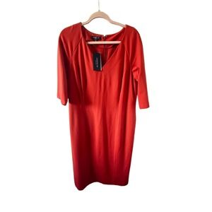 NWT Lafayette 148 Dress Womens 16 Red Midi VNeck Zipper Back Modern Elegant‎